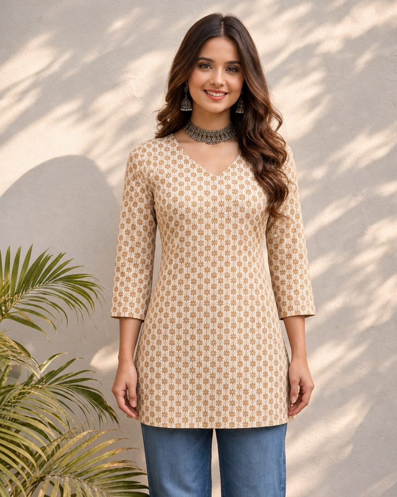 Peach Whisper Floral V-Neck Cotton Top