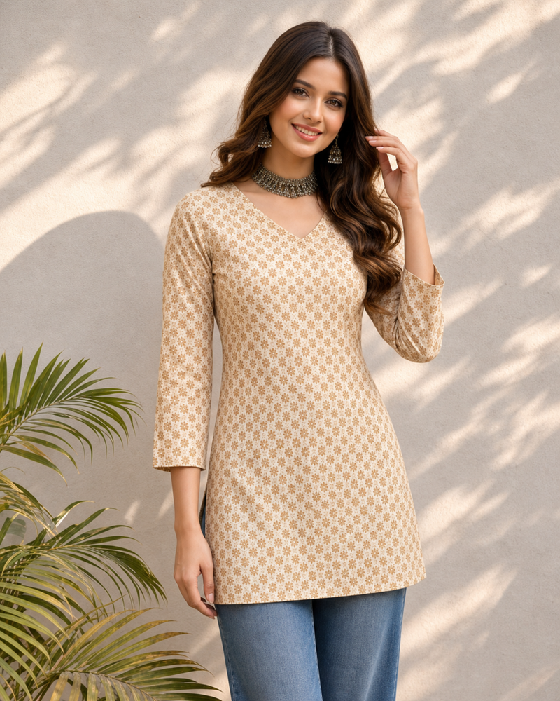 Peach Whisper Floral V-Neck Cotton Top