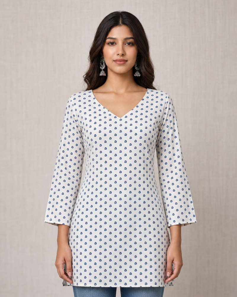 Ivory Petal V-Neck Pure Cotton Floral Top