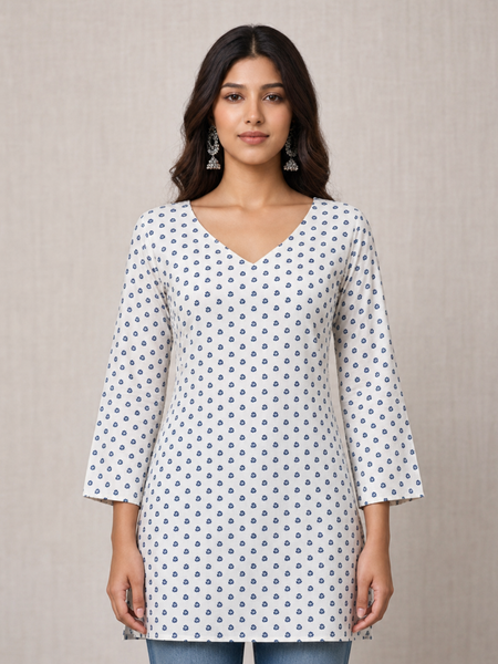 Ivory Petal V-Neck Pure Cotton Floral Top