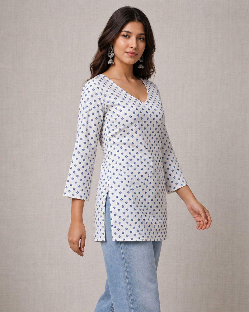 Ivory Petal V-Neck Pure Cotton Floral Top