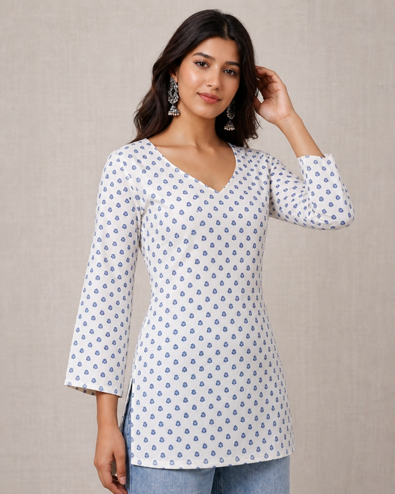Ivory Petal V-Neck Pure Cotton Floral Top
