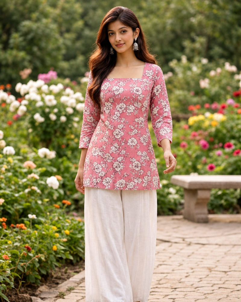 Pink Floral Printed Cotton Blend Kurti Top