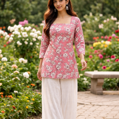 Pink Floral Printed Cotton Blend Kurti Top