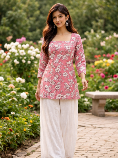 Pink Floral Printed Cotton Blend Kurti Top