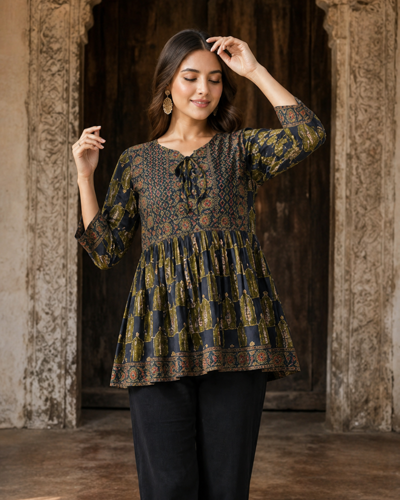Women’s Navy Blue Ethnic Print Peplum Top – Flared Tie-Neck Tunic