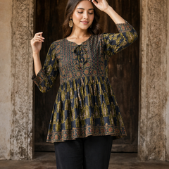 Women’s Navy Blue Ethnic Print Peplum Top – Flared Tie-Neck Tunic