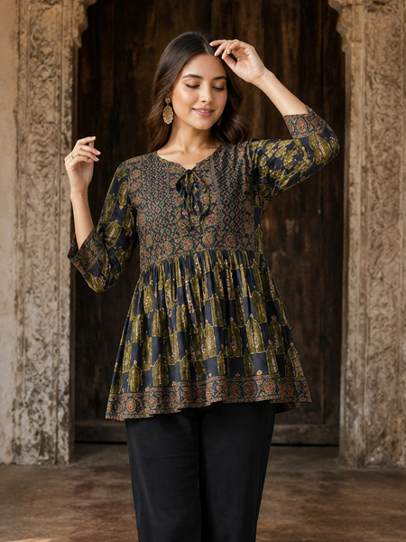 Women’s Navy Blue Ethnic Print Peplum Top – Flared Tie-Neck Tunic