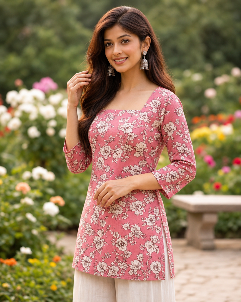 Pink Floral Printed Cotton Blend Kurti Top