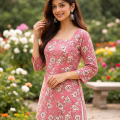 Pink Floral Printed Cotton Blend Kurti Top