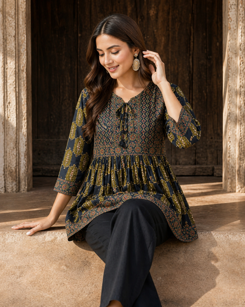 Women’s Navy Blue Ethnic Print Peplum Top – Flared Tie-Neck Tunic