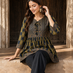 Women’s Navy Blue Ethnic Print Peplum Top – Flared Tie-Neck Tunic