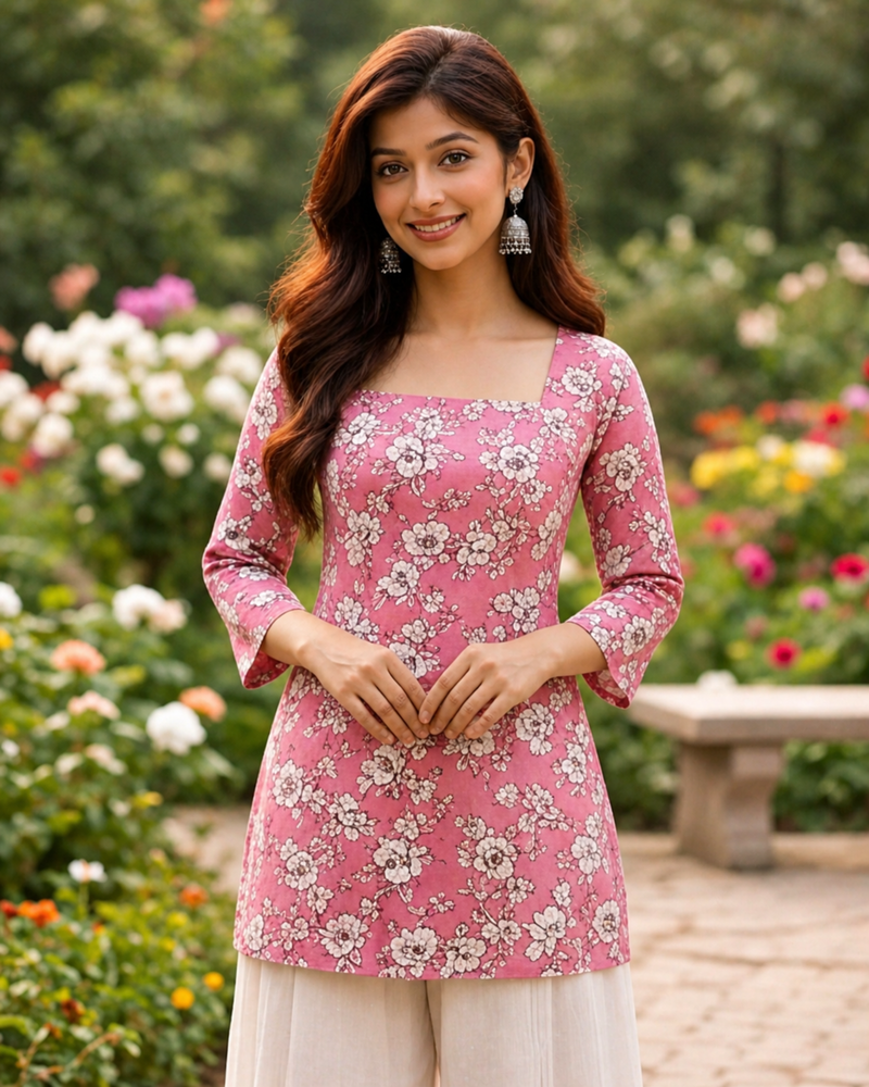 Pink Floral Printed Cotton Blend Kurti Top