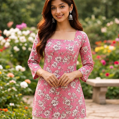 Pink Floral Printed Cotton Blend Kurti Top