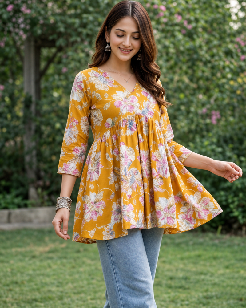 Women’s Mustard Floral Peplum Top – Flared V-Neck Casual Tunic