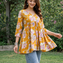 Women’s Mustard Floral Peplum Top – Flared V-Neck Casual Tunic