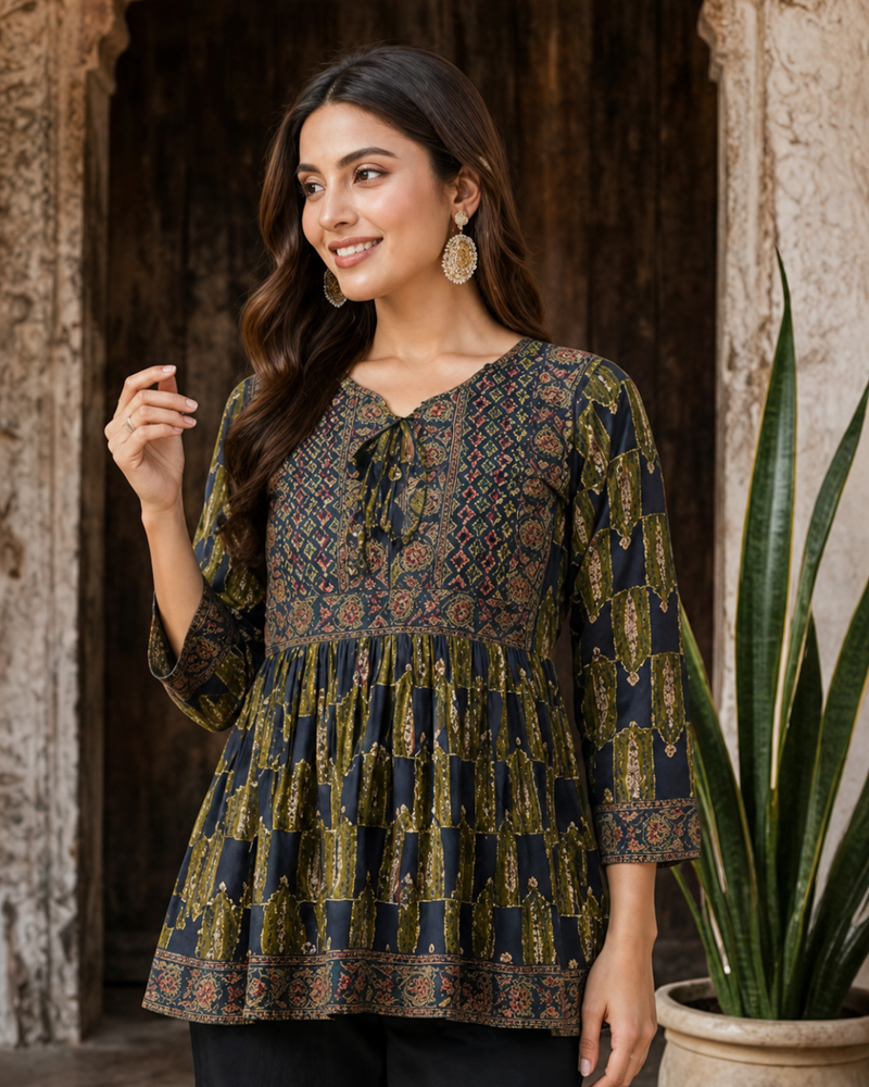 Women’s Navy Blue Ethnic Print Peplum Top – Flared Tie-Neck Tunic