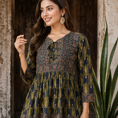 Women’s Navy Blue Ethnic Print Peplum Top – Flared Tie-Neck Tunic