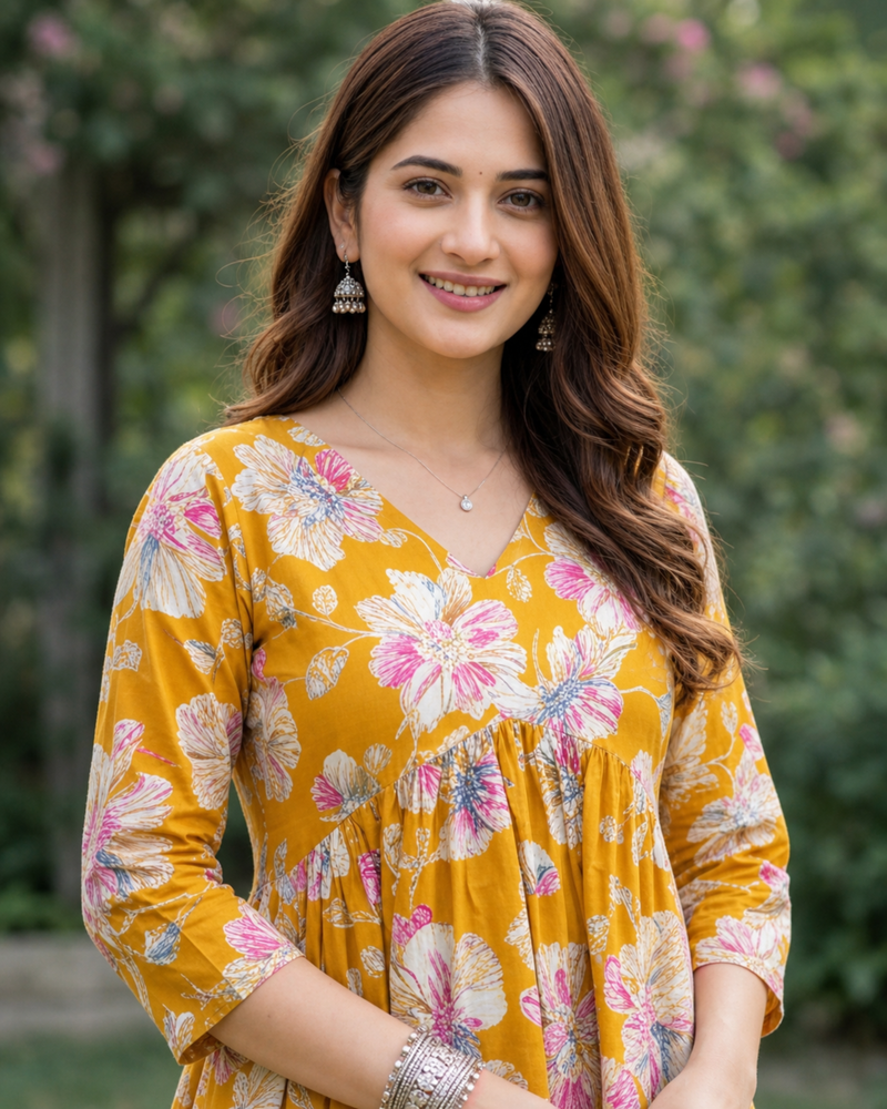 Women’s Mustard Floral Peplum Top – Flared V-Neck Casual Tunic