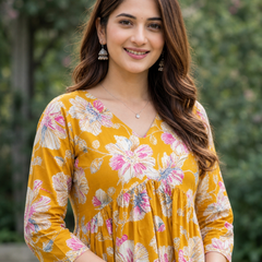 Women’s Mustard Floral Peplum Top – Flared V-Neck Casual Tunic