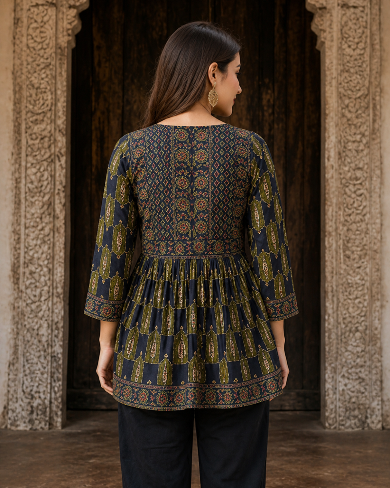 Women’s Navy Blue Ethnic Print Peplum Top – Flared Tie-Neck Tunic