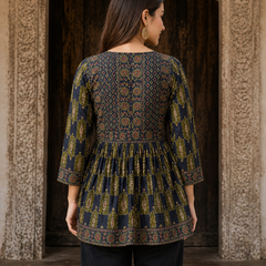 Women’s Navy Blue Ethnic Print Peplum Top – Flared Tie-Neck Tunic