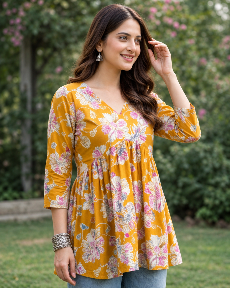 Women’s Mustard Floral Peplum Top – Flared V-Neck Casual Tunic