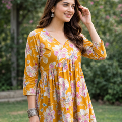 Women’s Mustard Floral Peplum Top – Flared V-Neck Casual Tunic