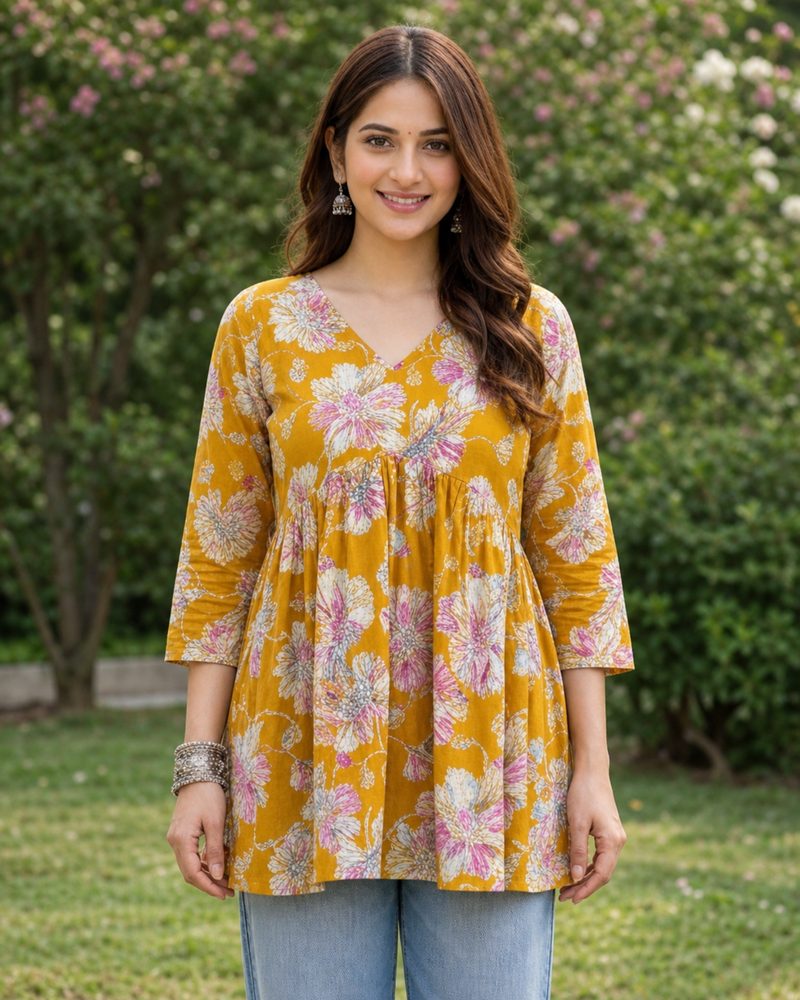 Women’s Mustard Floral Peplum Top – Flared V-Neck Casual Tunic
