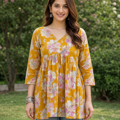 Women’s Mustard Floral Peplum Top – Flared V-Neck Casual Tunic