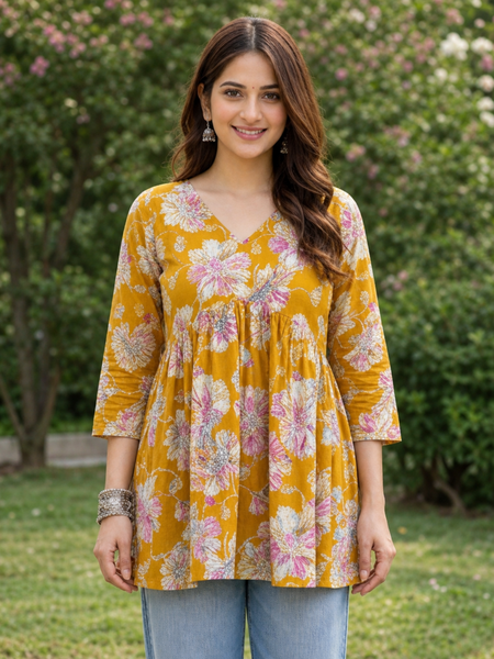 Women’s Mustard Floral Peplum Top – Flared V-Neck Casual Tunic