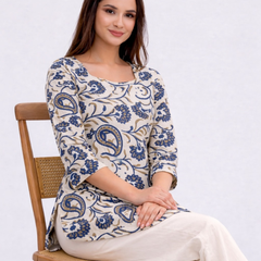 Blue Floral Cotton A-Line Kurti Dress
