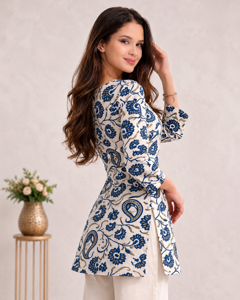 Blue Floral Cotton A-Line Kurti Dress