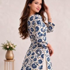 Blue Floral Cotton A-Line Kurti Dress