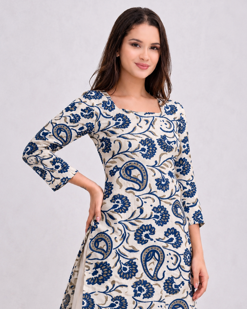 Blue Floral Cotton A-Line Kurti Dress
