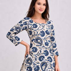 Blue Floral Cotton A-Line Kurti Dress