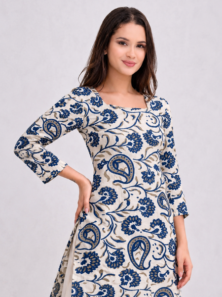 Blue Floral Cotton A-Line Kurti Dress