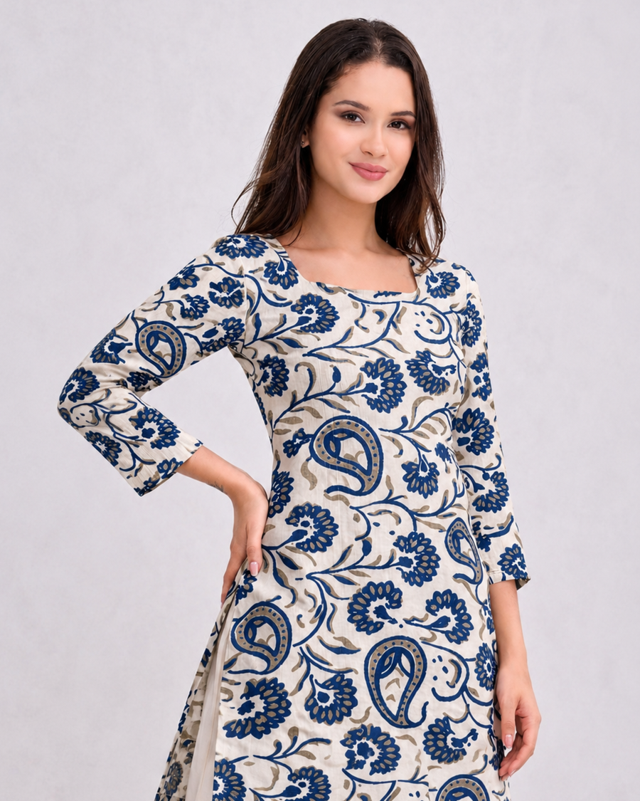 Blue Floral Cotton A-Line Kurti Dress