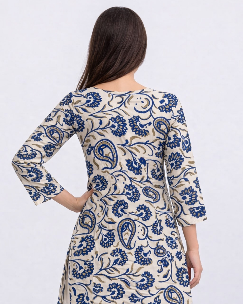 Blue Floral Cotton A-Line Kurti Dress