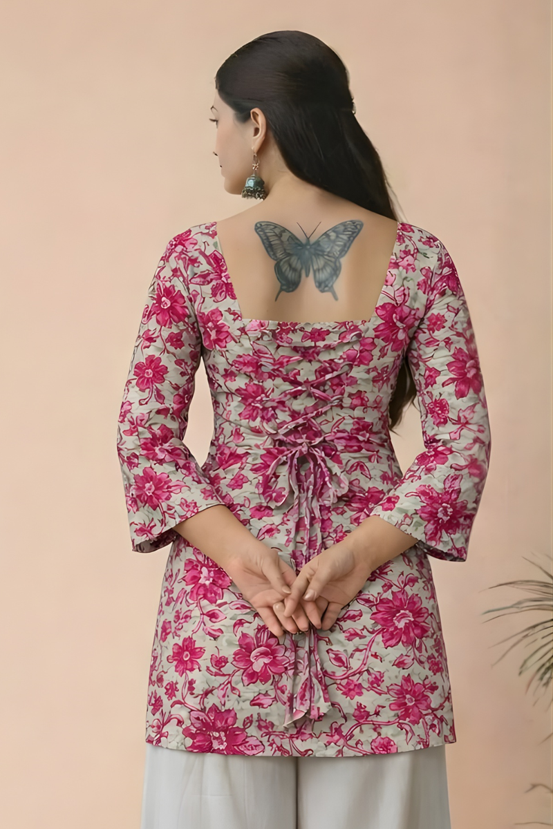 Pink Floral Cotton Ethnic Tie-Up Top