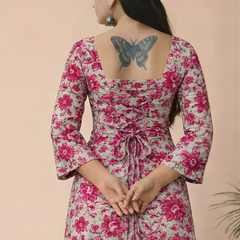 Pink Floral Cotton Ethnic Tie-Up Top