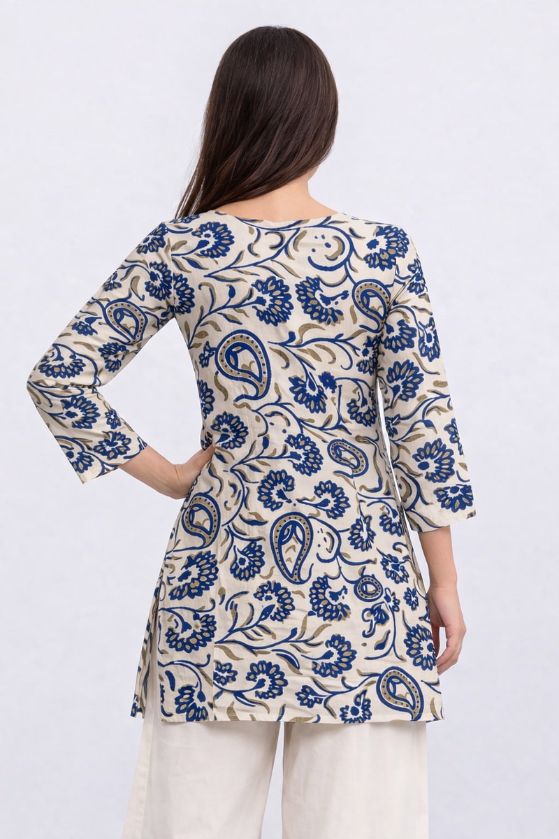 Azure Bloom Square-Neck Cotton Floral Top