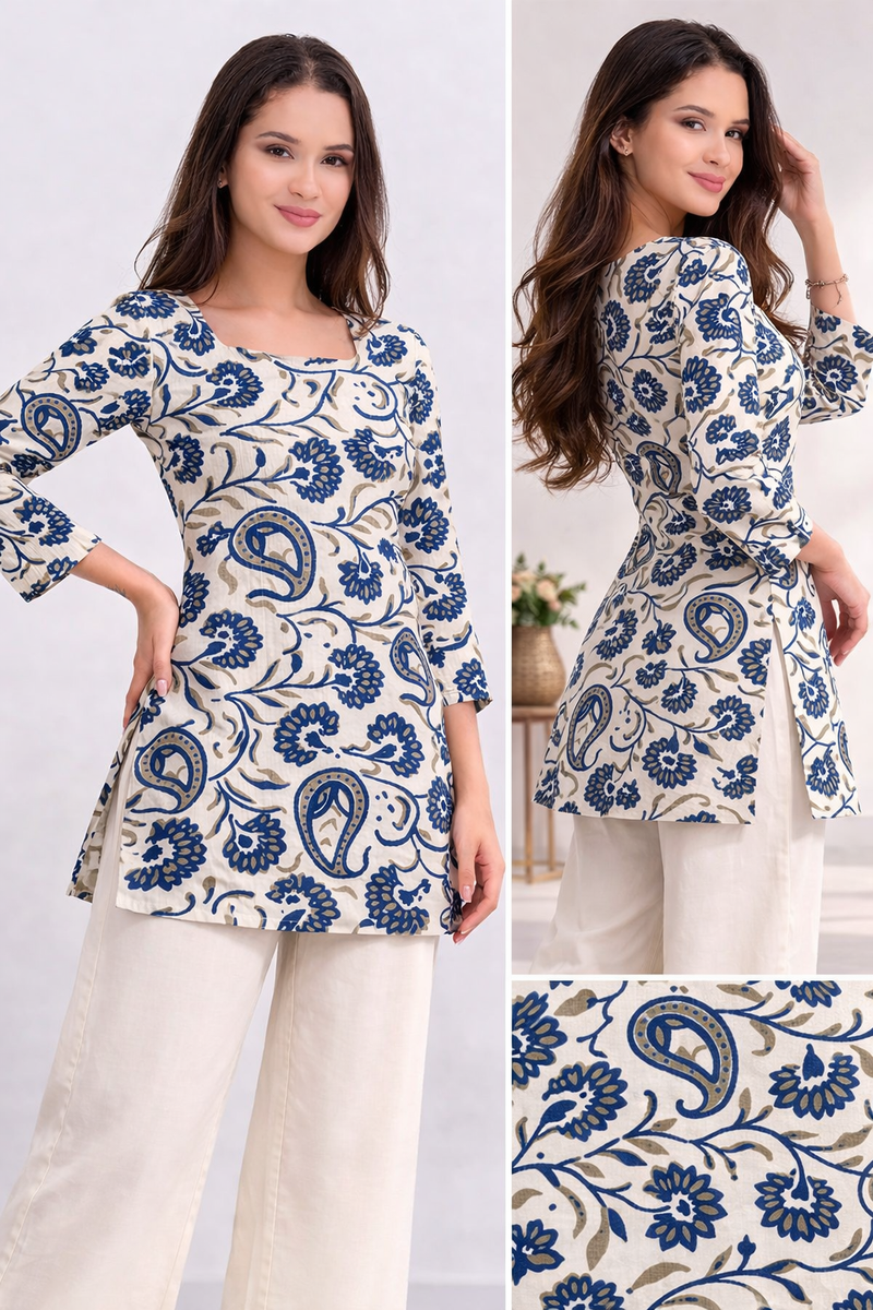 Azure Bloom Square-Neck Cotton Floral Top