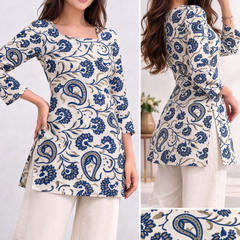 Azure Bloom Square-Neck Cotton Floral Top