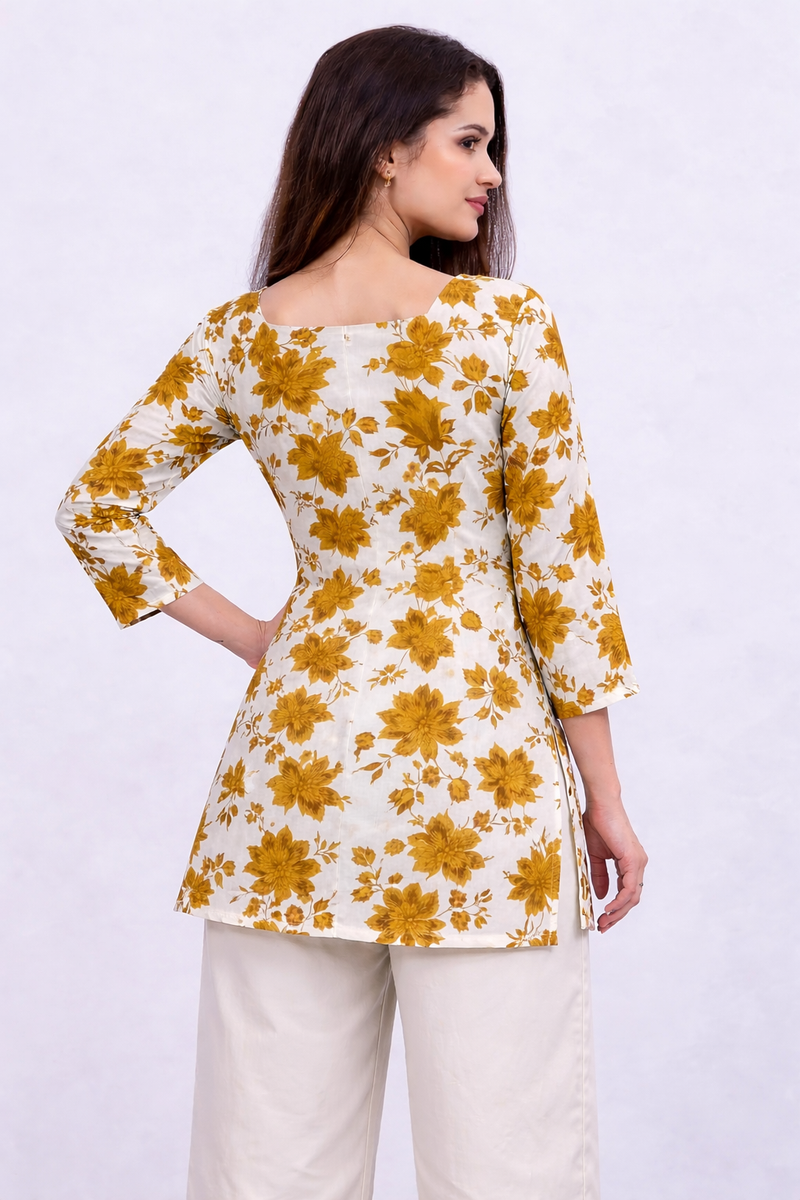 Sunflare Bloom Square-Neck Cotton Floral Top