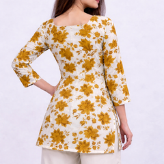 Sunflare Bloom Square-Neck Cotton Floral Top