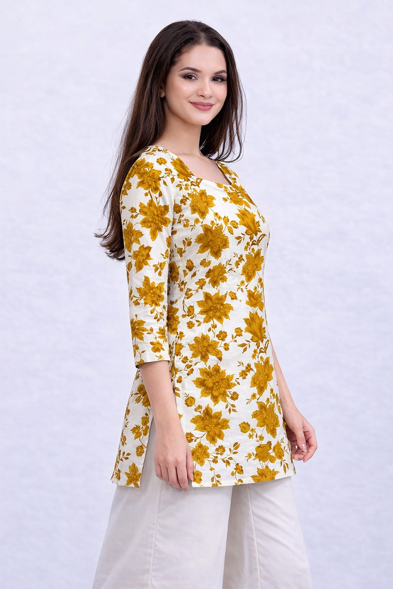 Sunflare Bloom Square-Neck Cotton Floral Top