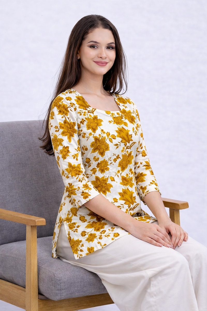 Sunflare Bloom Square-Neck Cotton Floral Top