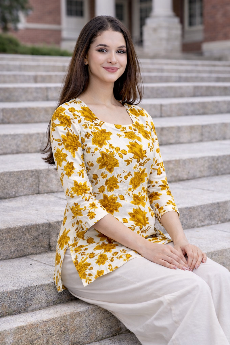 Sunflare Bloom Square-Neck Cotton Floral Top