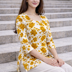Sunflare Bloom Square-Neck Cotton Floral Top